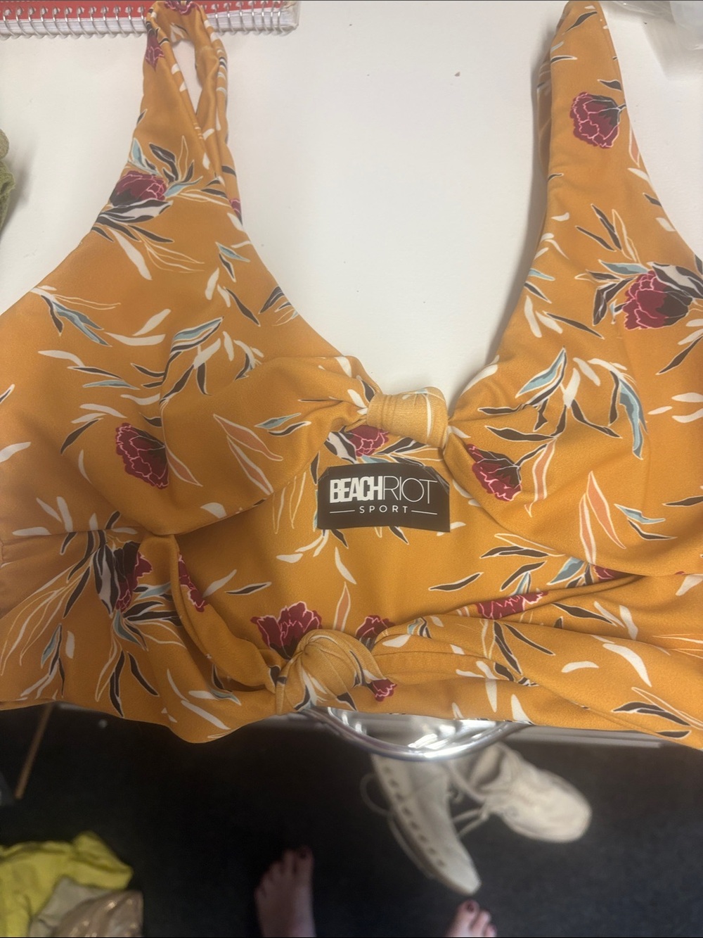 Beach Riot Mustard Floral Knot-Front Bikini Top